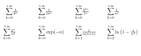$\displaystyle \begin{array}[t]{llll}%
\begin{array}[t]{l}%
{\displaystyle\sum\l...
...tyle\sum\limits_{k=2}^{+\infty}}
\ln\left( 1-\frac{1}{n^{2}}\right)
\end{array}$